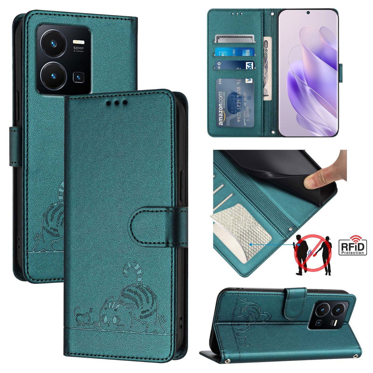 vivo Y35 4G Global Leather Phone Case with Cat and Rat Embossed Pattern, RFID Protection, Card Holder Slots, Anti-fall Feature & Lanyard