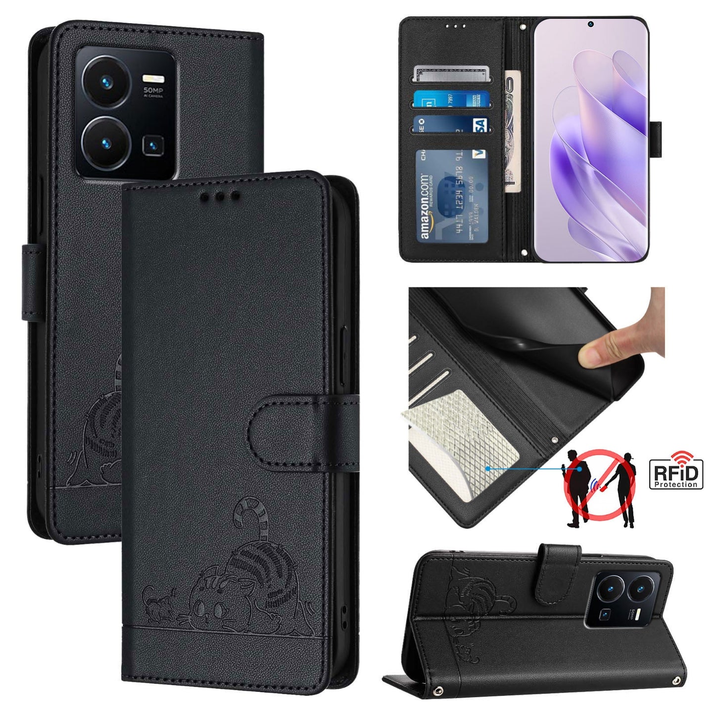 vivo Y22S 4G Global Leather Phone Case with Cat and Rat Embossed Pattern, RFID Protection, Card Holder Slots, Anti-fall Feature & Lanyard