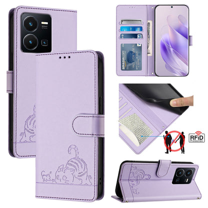 vivo Y22 4G Global Leather Phone Case with Cat and Rat Embossed Pattern, RFID Protection, Card Holder Slots, Anti-fall Feature & Lanyard