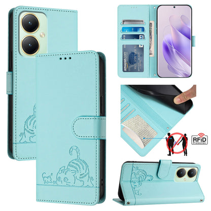 vivo Y27 4G 2023 Global Leather Phone Case with Cat and Rat Embossed Pattern, RFID Protection, Card Holder Slots, Anti-fall Feature & Lanyard