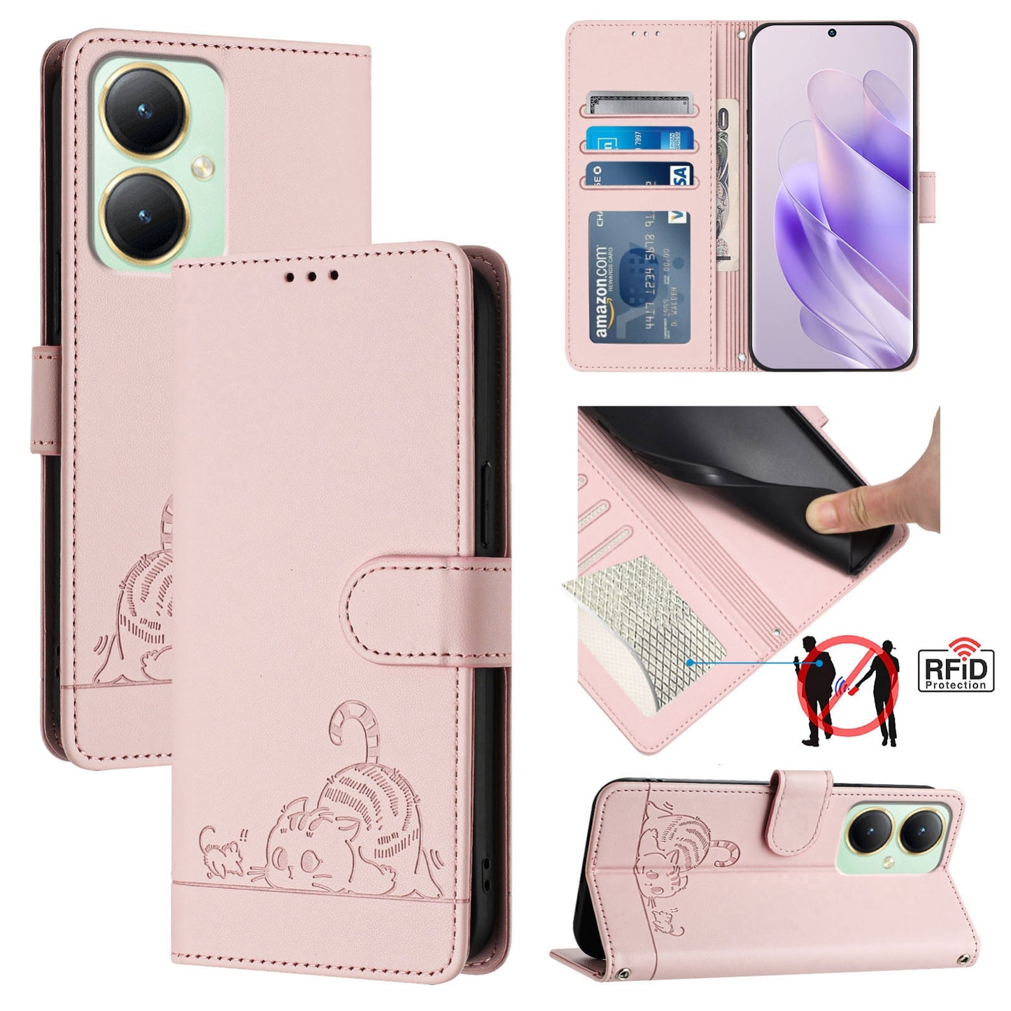 vivo Y27 4G 2023 Global Leather Phone Case with Cat and Rat Embossed Pattern, RFID Protection, Card Holder Slots, Anti-fall Feature & Lanyard