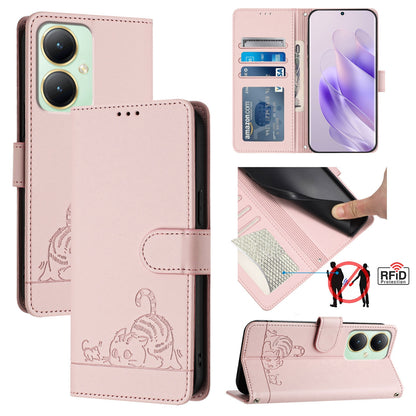 vivo Y27 4G 2023 Global Leather Phone Case with Cat and Rat Embossed Pattern, RFID Protection, Card Holder Slots, Anti-fall Feature & Lanyard