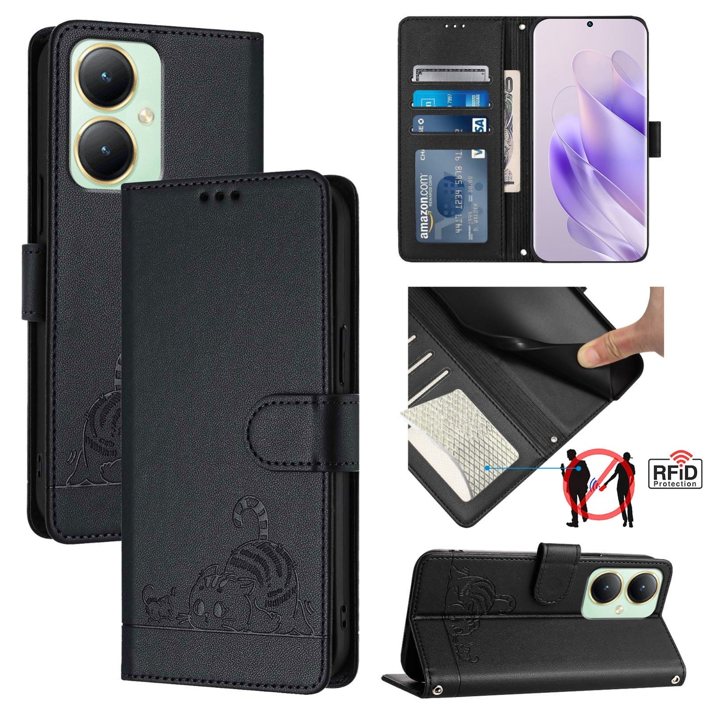 vivo Y27 4G 2023 Global Leather Phone Case with Cat and Rat Embossed Pattern, RFID Protection, Card Holder Slots, Anti-fall Feature & Lanyard