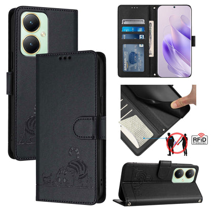 vivo Y27 4G 2023 Global Leather Phone Case with Cat and Rat Embossed Pattern, RFID Protection, Card Holder Slots, Anti-fall Feature & Lanyard