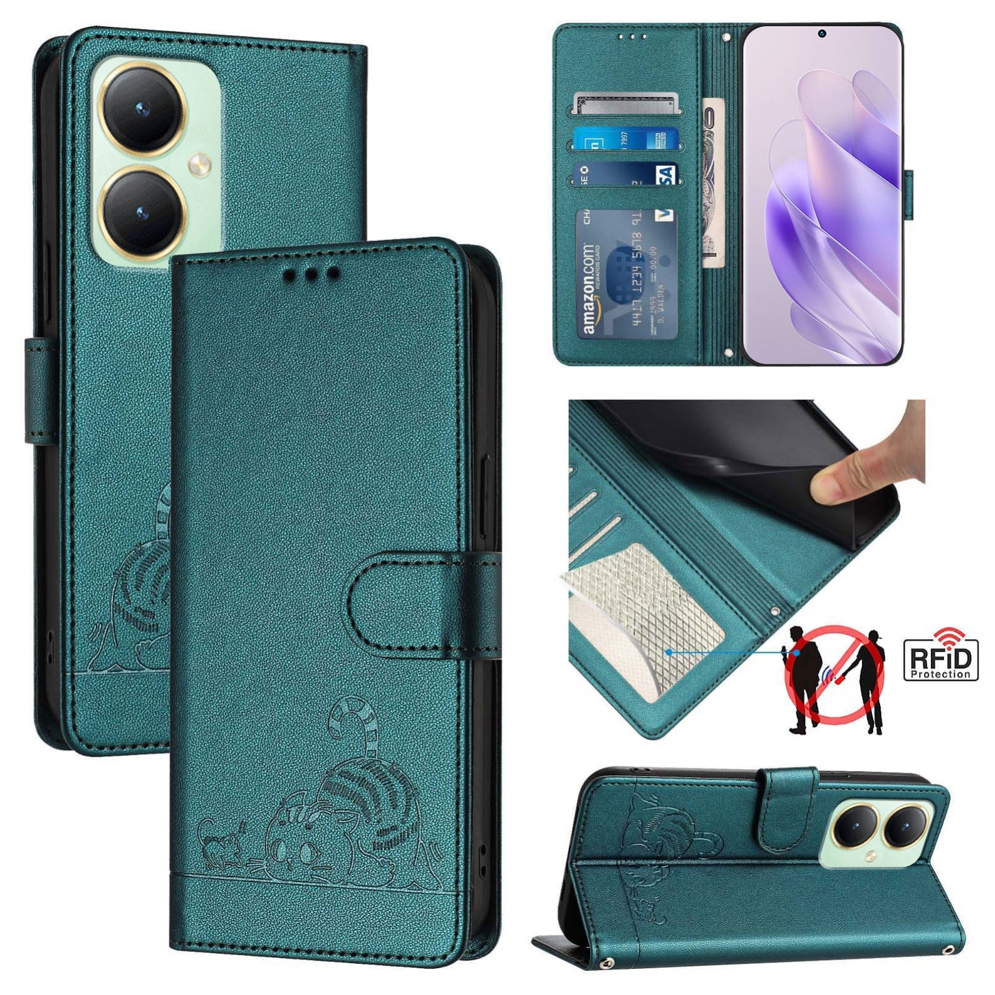 vivo Y27 4G 2023 Global Leather Phone Case with Cat and Rat Embossed Pattern, RFID Protection, Card Holder Slots, Anti-fall Feature & Lanyard