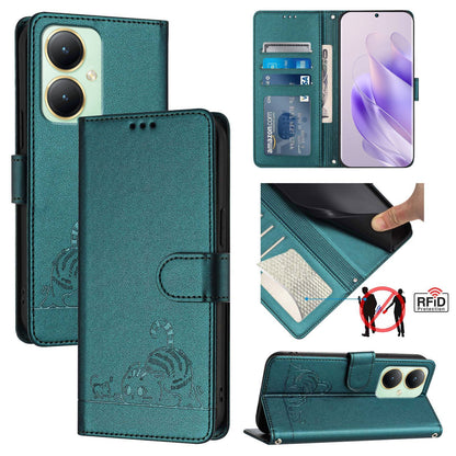 vivo Y27 4G 2023 Global Leather Phone Case with Cat and Rat Embossed Pattern, RFID Protection, Card Holder Slots, Anti-fall Feature & Lanyard
