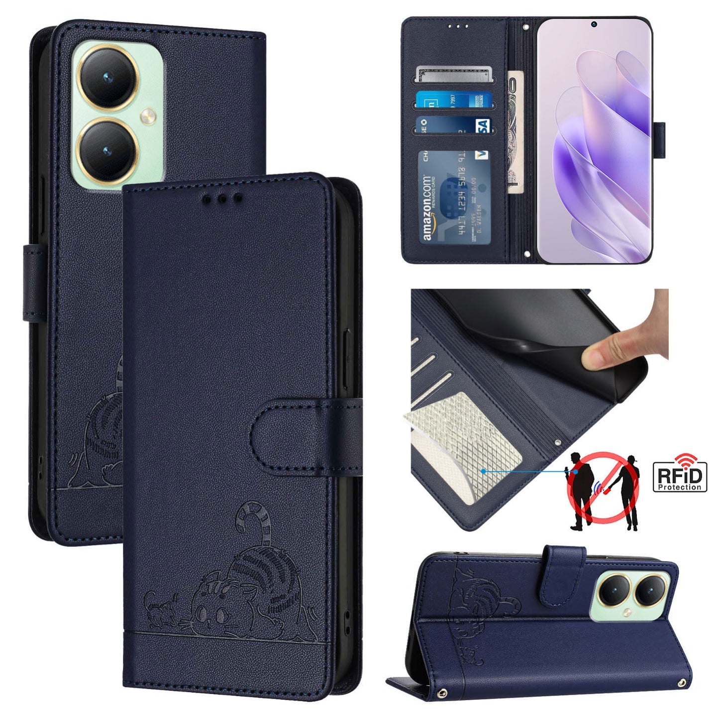 vivo Y27 4G 2023 Global Leather Phone Case with Cat and Rat Embossed Pattern, RFID Protection, Card Holder Slots, Anti-fall Feature & Lanyard