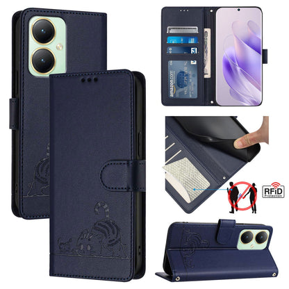vivo Y27 4G 2023 Global Leather Phone Case with Cat and Rat Embossed Pattern, RFID Protection, Card Holder Slots, Anti-fall Feature & Lanyard