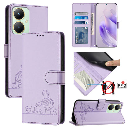 vivo Y27 4G 2023 Global Leather Phone Case with Cat and Rat Embossed Pattern, RFID Protection, Card Holder Slots, Anti-fall Feature & Lanyard