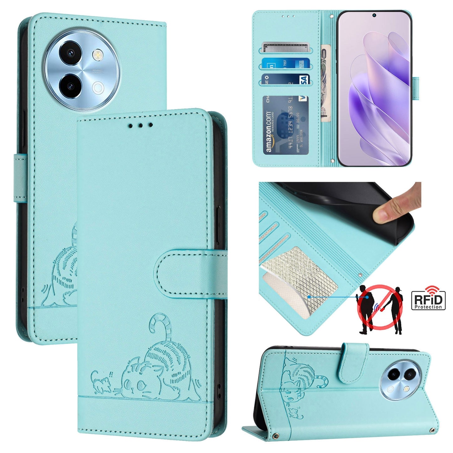 vivo Y38 5G Leather Phone Case with Cat and Rat Embossed Pattern, RFID Protection, Card Holder Slots, Anti-fall Feature & Lanyard