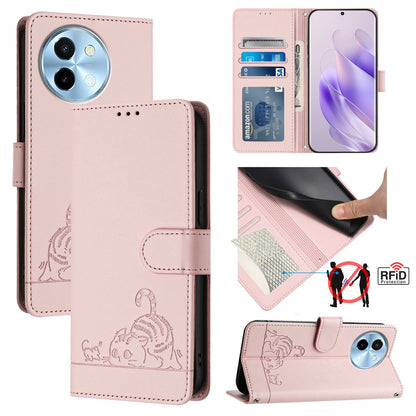 vivo Y38 5G Leather Phone Case with Cat and Rat Embossed Pattern, RFID Protection, Card Holder Slots, Anti-fall Feature & Lanyard