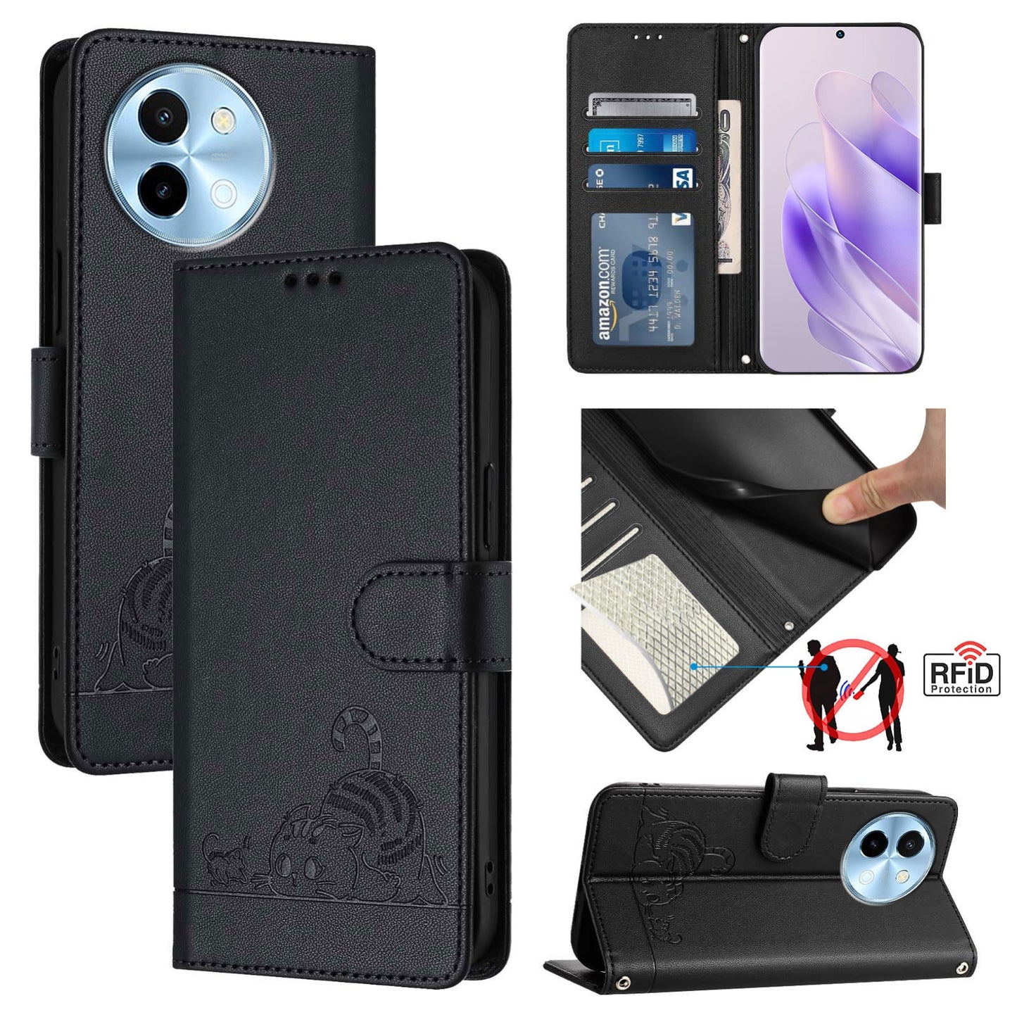 vivo Y38 5G Leather Phone Case with Cat and Rat Embossed Pattern, RFID Protection, Card Holder Slots, Anti-fall Feature & Lanyard