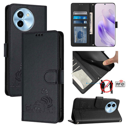 vivo Y38 5G Leather Phone Case with Cat and Rat Embossed Pattern, RFID Protection, Card Holder Slots, Anti-fall Feature & Lanyard