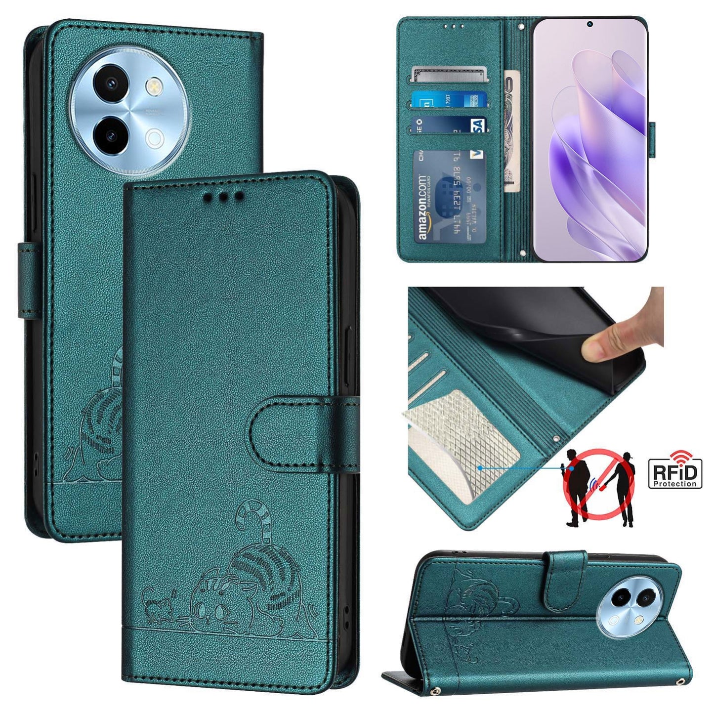 vivo Y38 5G Leather Phone Case with Cat and Rat Embossed Pattern, RFID Protection, Card Holder Slots, Anti-fall Feature & Lanyard