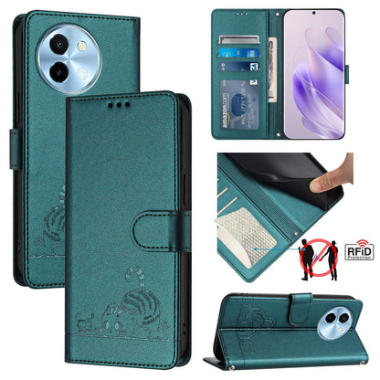 vivo Y38 5G Leather Phone Case with Cat and Rat Embossed Pattern, RFID Protection, Card Holder Slots, Anti-fall Feature & Lanyard