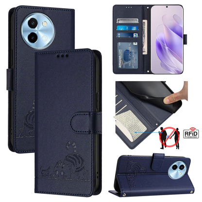 vivo Y38 5G Leather Phone Case with Cat and Rat Embossed Pattern, RFID Protection, Card Holder Slots, Anti-fall Feature & Lanyard