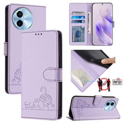 vivo Y38 5G Leather Phone Case with Cat and Rat Embossed Pattern, RFID Protection, Card Holder Slots, Anti-fall Feature & Lanyard