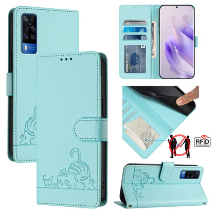 vivo Y31 4G 2021 India Leather Phone Case with Cat and Rat Embossed Pattern, RFID Protection, Card Holder Slots, Anti-fall Feature & Lanyard