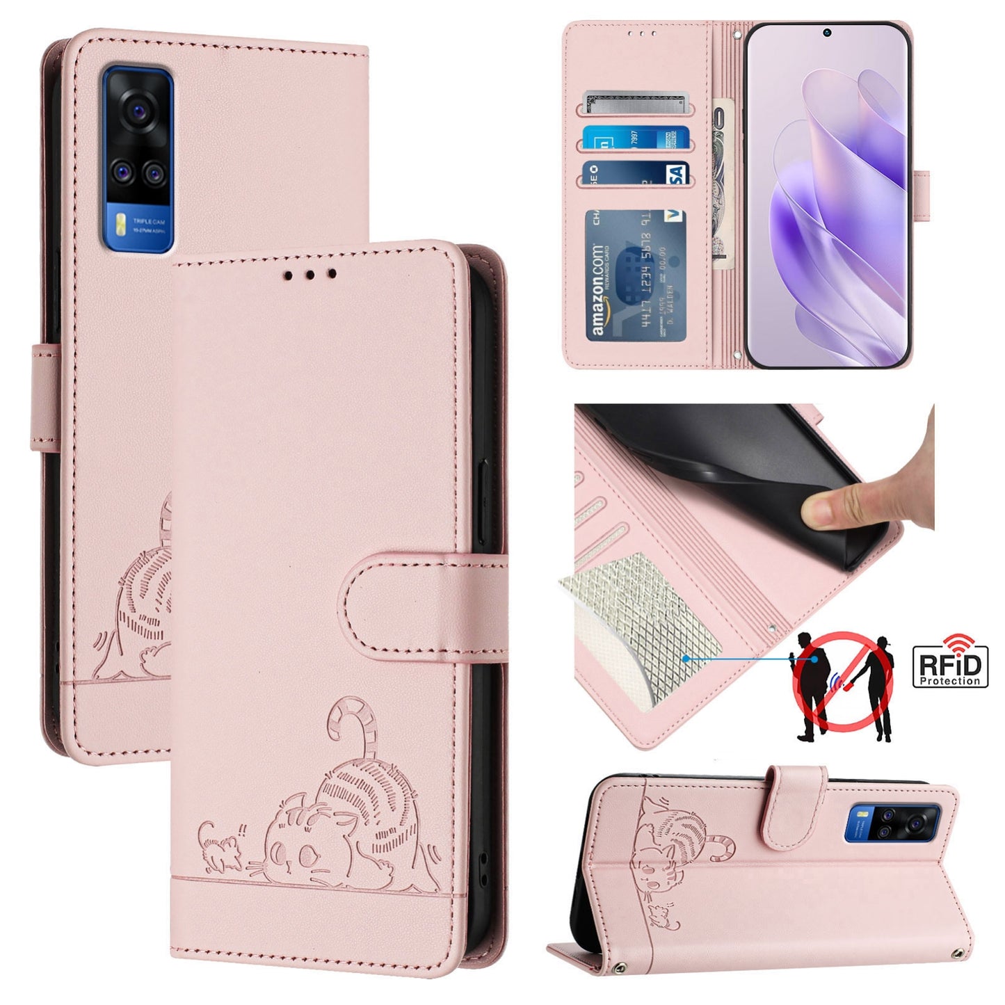 vivo Y53S 4G Leather Phone Case with Cat and Rat Embossed Pattern, RFID Protection, Card Holder Slots, Anti-fall Feature & Lanyard