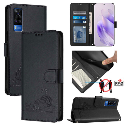 vivo Y53S 4G Leather Phone Case with Cat and Rat Embossed Pattern, RFID Protection, Card Holder Slots, Anti-fall Feature & Lanyard