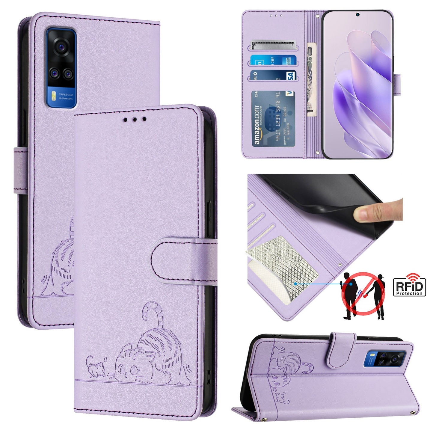 vivo Y53S 4G Leather Phone Case with Cat and Rat Embossed Pattern, RFID Protection, Card Holder Slots, Anti-fall Feature & Lanyard