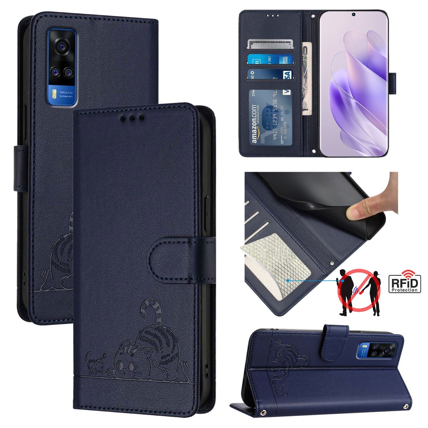 vivo Y33 4G 2021 Leather Phone Case with Cat and Rat Embossed Pattern, RFID Protection, Card Holder Slots, Anti-fall Feature & Lanyard