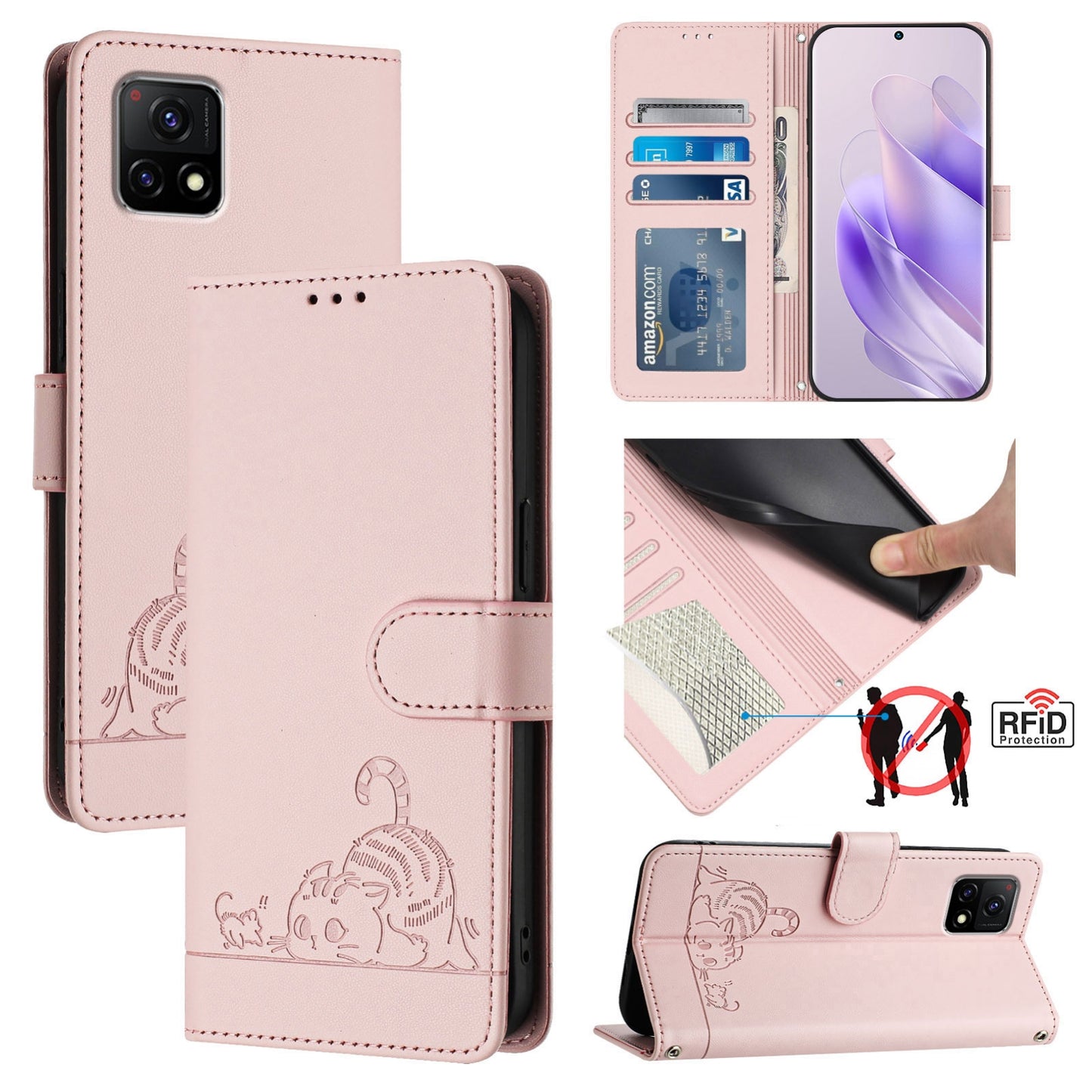 vivo iQOO U3 Leather Phone Case with Cat and Rat Embossed Pattern, RFID Protection, Card Holder Slots, Anti-fall Feature & Lanyard