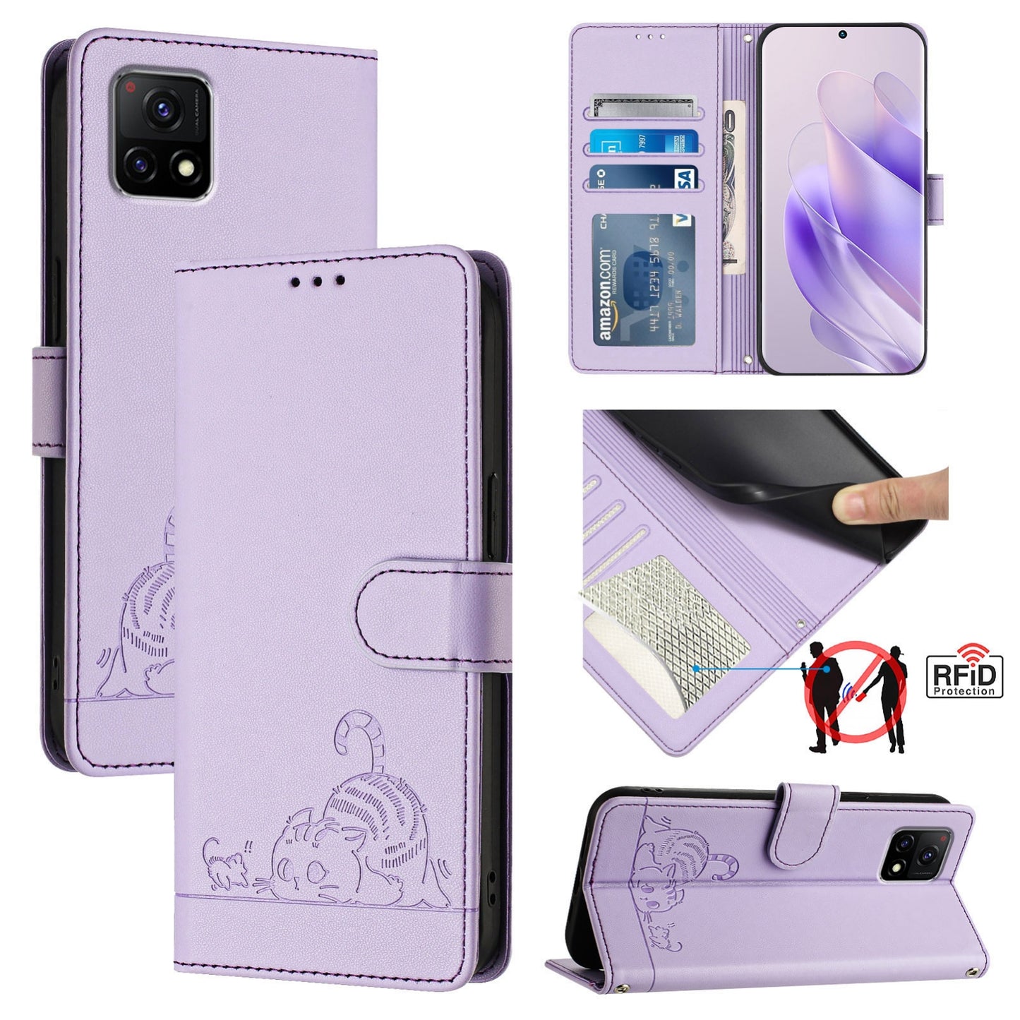 vivo Y52S 5G Leather Phone Case with Cat and Rat Embossed Pattern, RFID Protection, Card Holder Slots, Anti-fall Feature & Lanyard