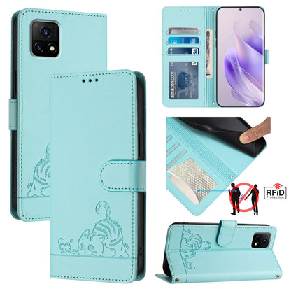 vivo Y72 5G India Leather Phone Case with Cat and Rat Embossed Pattern, RFID Protection, Card Holder Slots, Anti-fall Feature & Lanyard