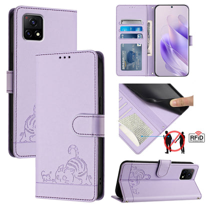 vivo Y31S 5G Leather Phone Case with Cat and Rat Embossed Pattern, RFID Protection, Card Holder Slots, Anti-fall Feature & Lanyard