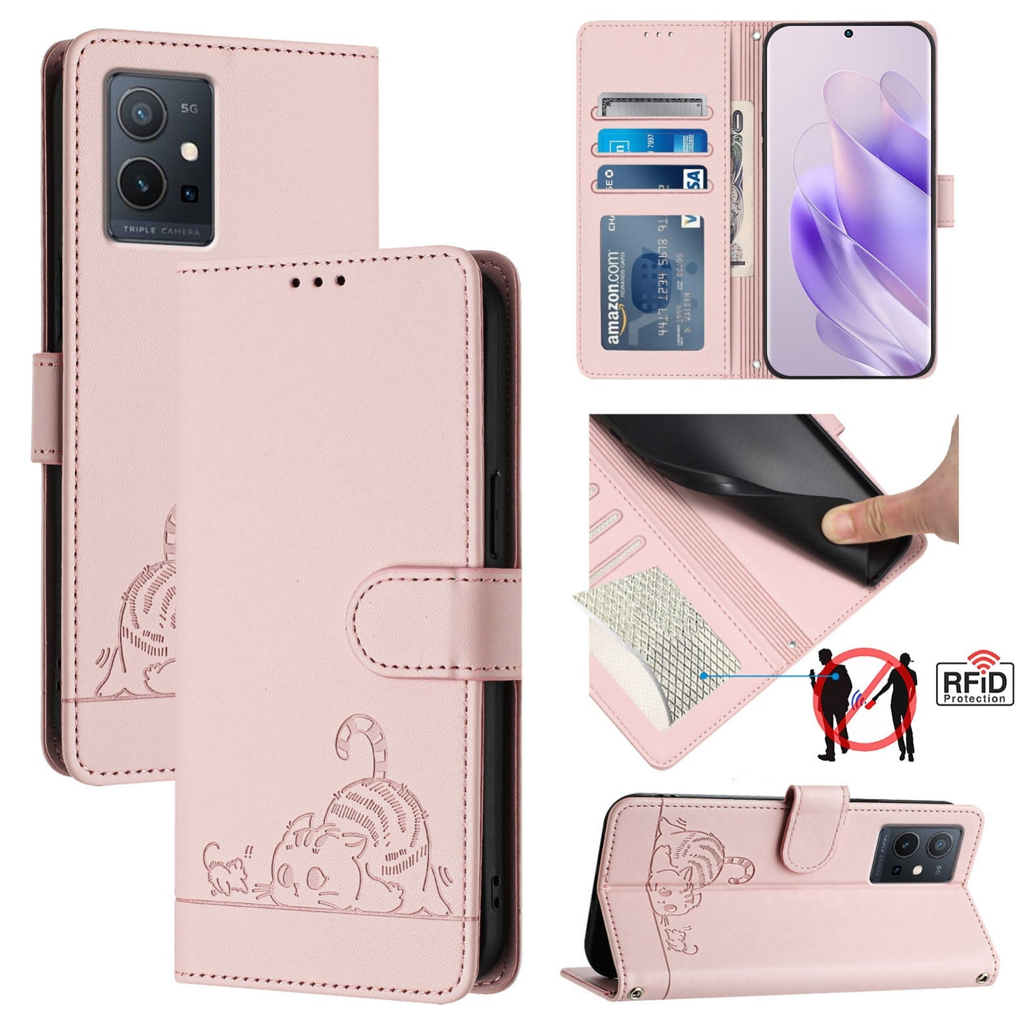 vivo Y55 5G Global Leather Phone Case with Cat and Rat Embossed Pattern, RFID Protection, Card Holder Slots, Anti-fall Feature & Lanyard