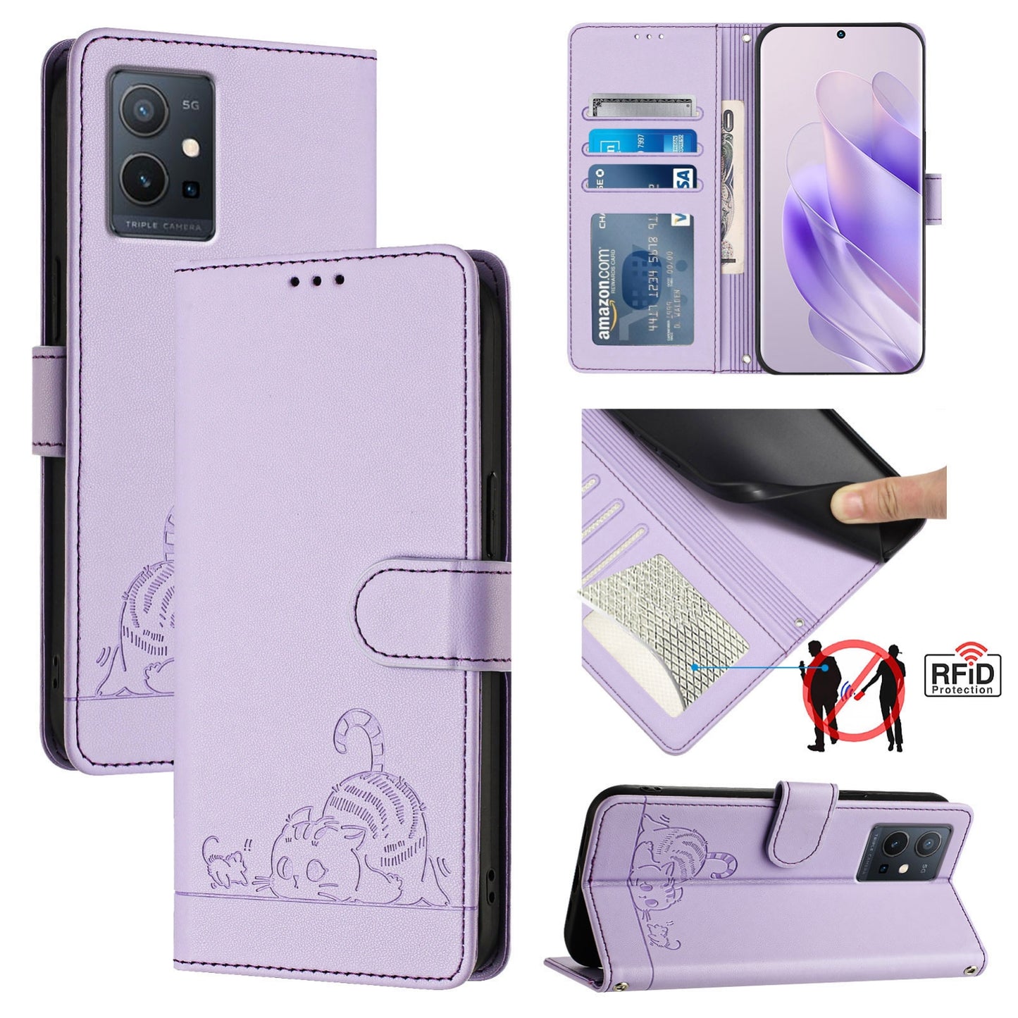 vivo Y75 5G Global Leather Phone Case with Cat and Rat Embossed Pattern, RFID Protection, Card Holder Slots, Anti-fall Feature & Lanyard