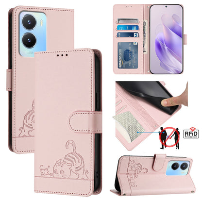 vivo Y56 5G Global Leather Phone Case with Cat and Rat Embossed Pattern, RFID Protection, Card Holder Slots, Anti-fall Feature & Lanyard