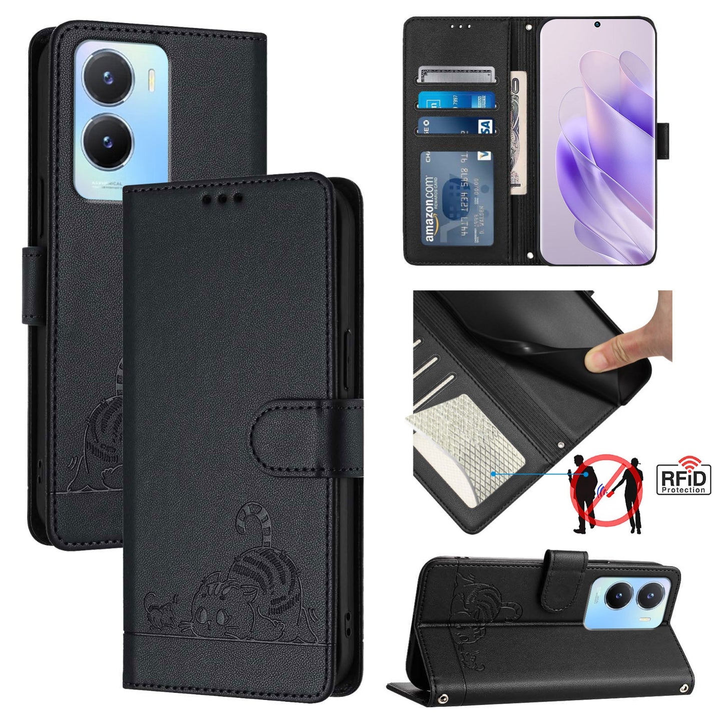 vivo Y56 5G Global Leather Phone Case with Cat and Rat Embossed Pattern, RFID Protection, Card Holder Slots, Anti-fall Feature & Lanyard