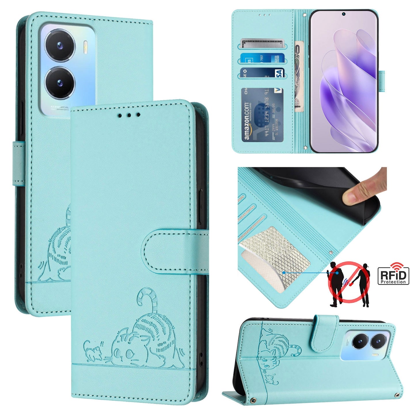 vivo Y16 4G Global Leather Phone Case with Cat and Rat Embossed Pattern, RFID Protection, Card Holder Slots, Anti-fall Feature & Lanyard