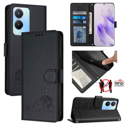 vivo Y16 4G Global Leather Phone Case with Cat and Rat Embossed Pattern, RFID Protection, Card Holder Slots, Anti-fall Feature & Lanyard