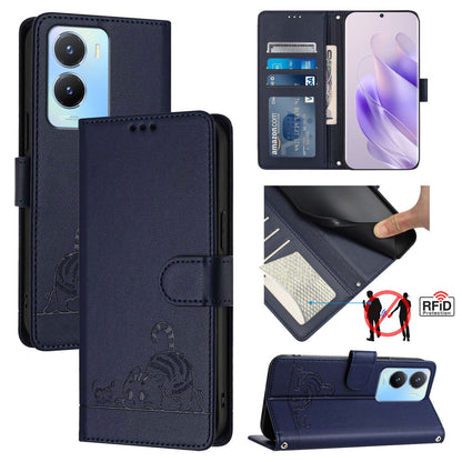 vivo Y16 4G Global Leather Phone Case with Cat and Rat Embossed Pattern, RFID Protection, Card Holder Slots, Anti-fall Feature & Lanyard