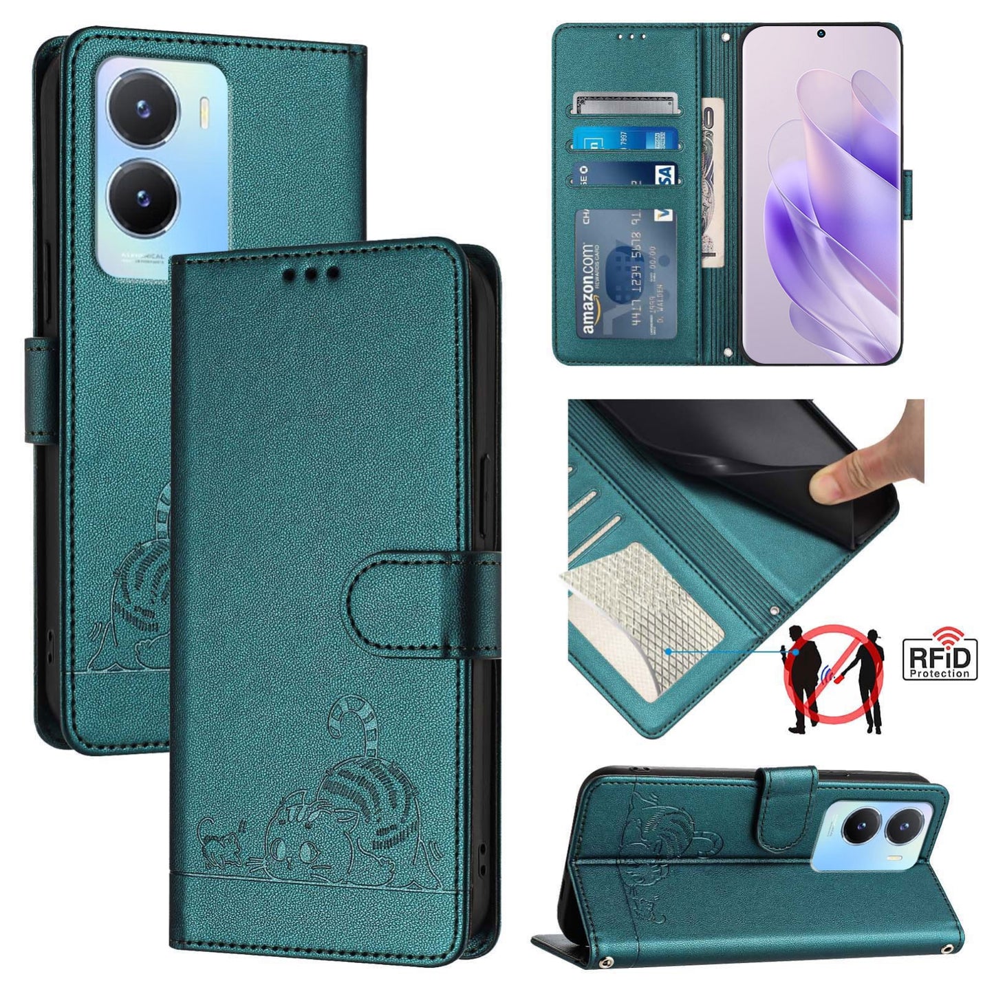vivo Y02S 4G Global Leather Phone Case with Cat and Rat Embossed Pattern, RFID Protection, Card Holder Slots, Anti-fall Feature & Lanyard