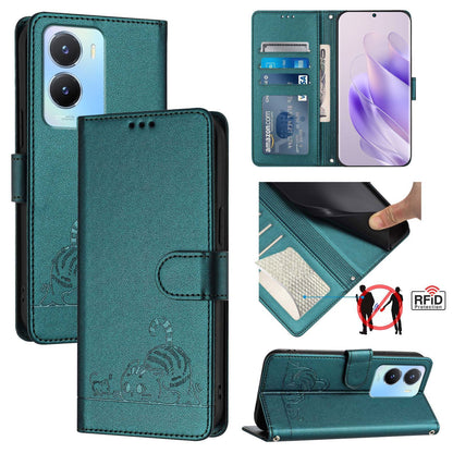 vivo Y02S 4G Global Leather Phone Case with Cat and Rat Embossed Pattern, RFID Protection, Card Holder Slots, Anti-fall Feature & Lanyard