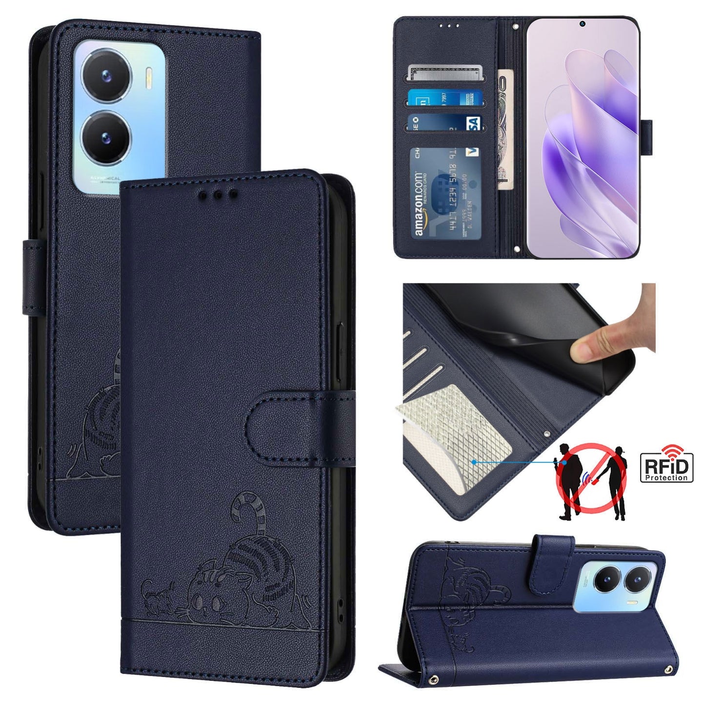 vivo Y02S 4G Global Leather Phone Case with Cat and Rat Embossed Pattern, RFID Protection, Card Holder Slots, Anti-fall Feature & Lanyard