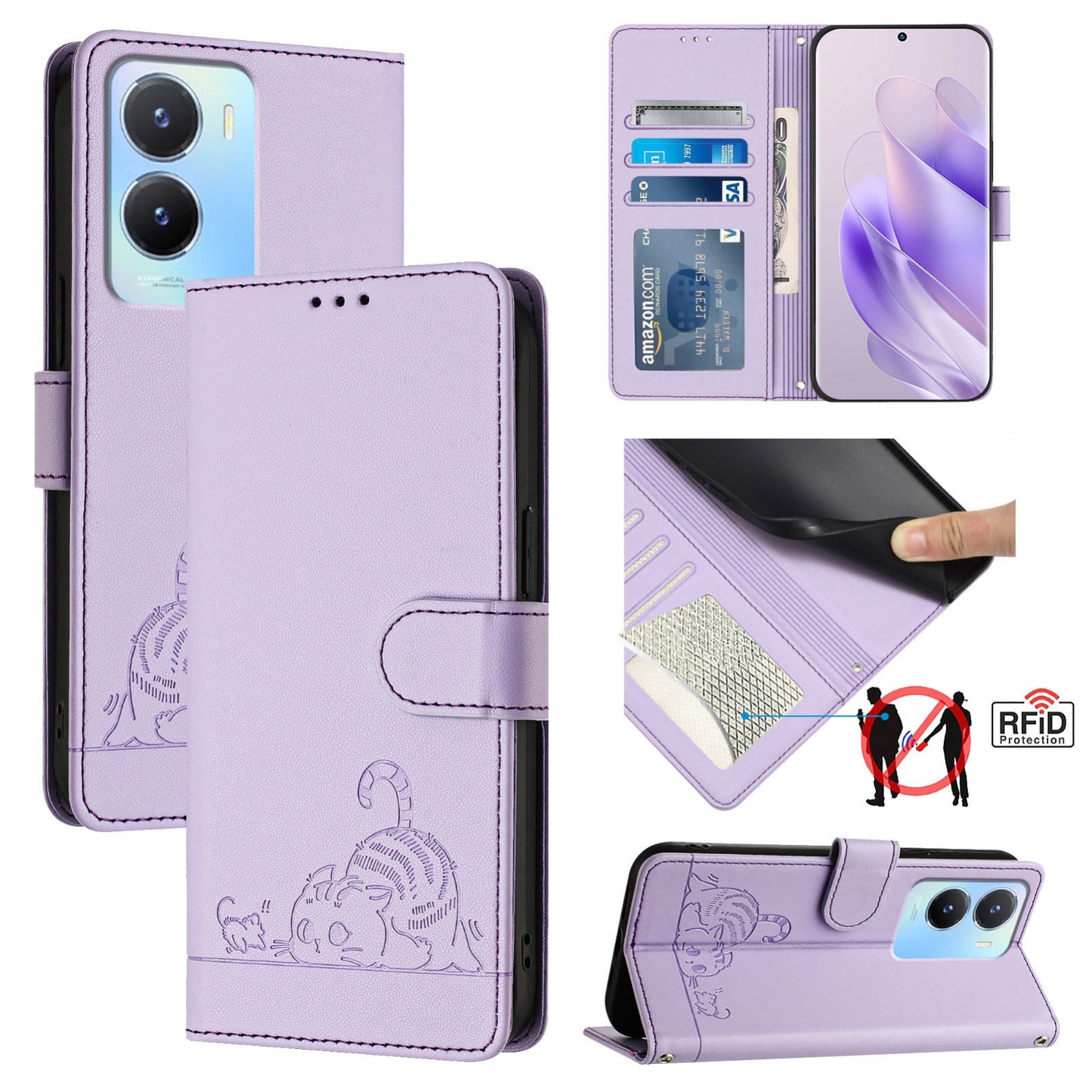 vivo Y02S 4G Global Leather Phone Case with Cat and Rat Embossed Pattern, RFID Protection, Card Holder Slots, Anti-fall Feature & Lanyard