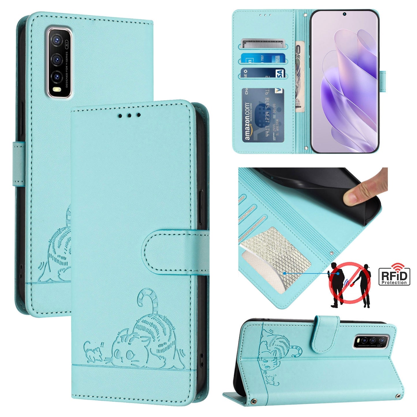 vivo Y70S Leather Phone Case with Cat and Rat Embossed Pattern, RFID Protection, Card Holder Slots, Anti-fall Feature & Lanyard