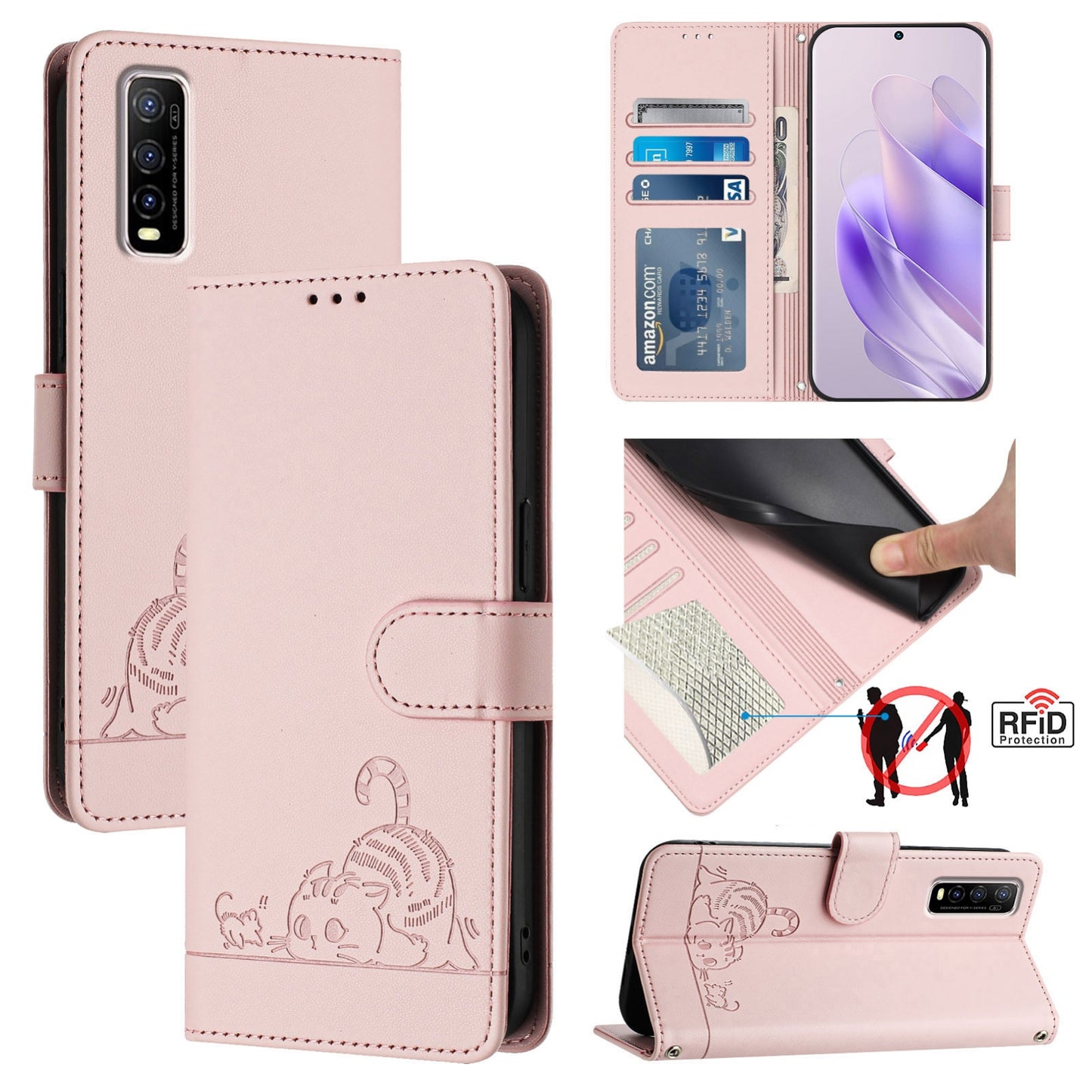 vivo Y70S Leather Phone Case with Cat and Rat Embossed Pattern, RFID Protection, Card Holder Slots, Anti-fall Feature & Lanyard