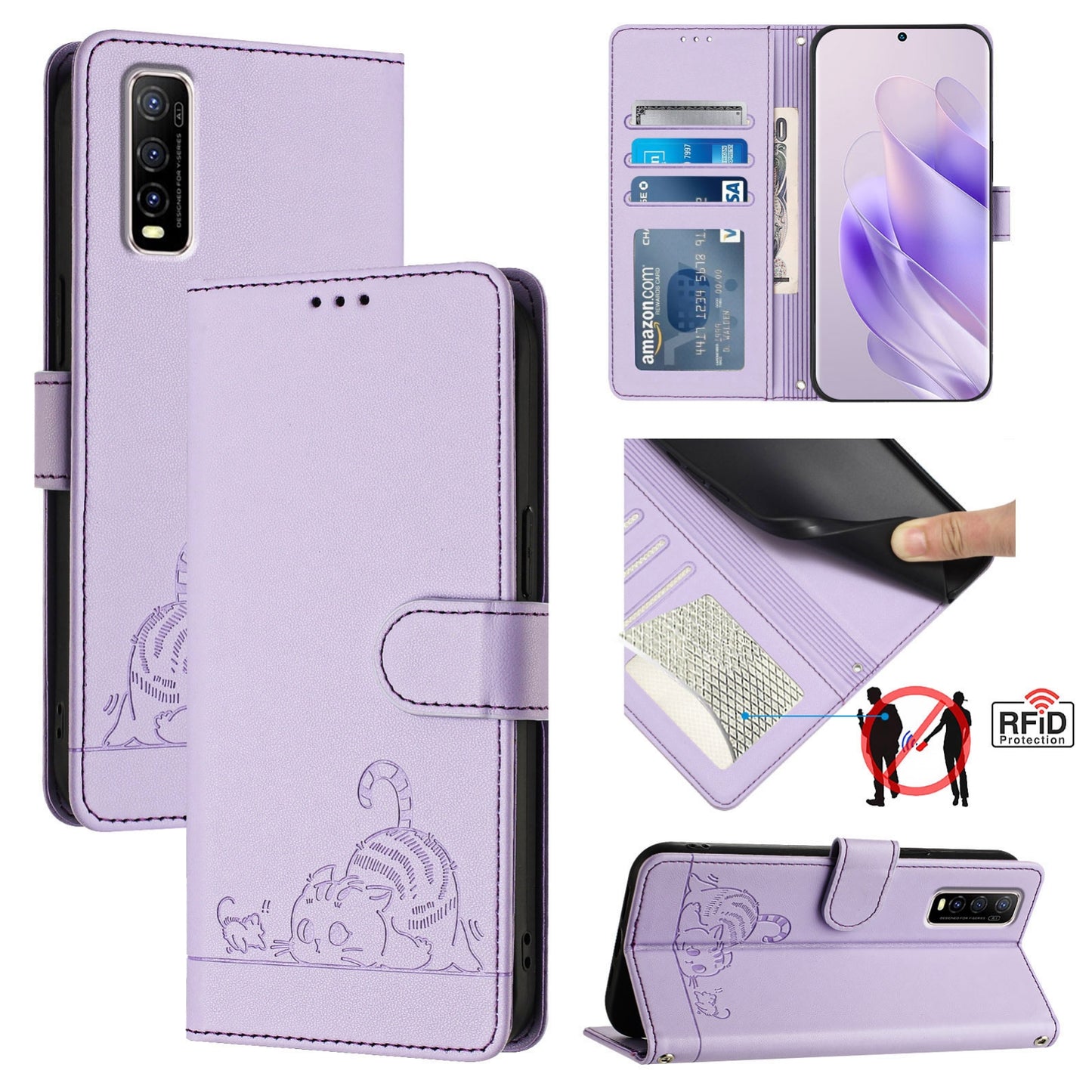 vivo Y70S Leather Phone Case with Cat and Rat Embossed Pattern, RFID Protection, Card Holder Slots, Anti-fall Feature & Lanyard