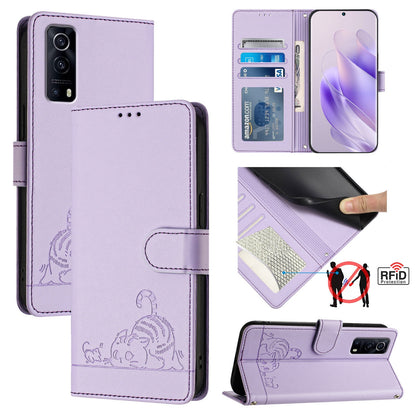 vivo iQOO Z3 Leather Phone Case with Cat and Rat Embossed Pattern, RFID Protection, Card Holder Slots, Anti-fall Feature & Lanyard