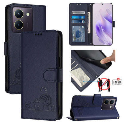 vivo Y36 5G Global Leather Phone Case with Cat and Rat Embossed Pattern, RFID Protection, Card Holder Slots, Anti-fall Feature & Lanyard
