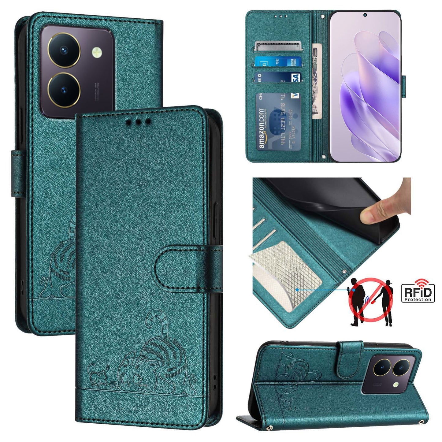 vivo Y36 4G Global Leather Phone Case with Cat and Rat Embossed Pattern, RFID Protection, Card Holder Slots, Anti-fall Feature & Lanyard