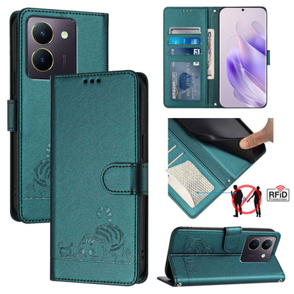 vivo Y36 4G Global Leather Phone Case with Cat and Rat Embossed Pattern, RFID Protection, Card Holder Slots, Anti-fall Feature & Lanyard