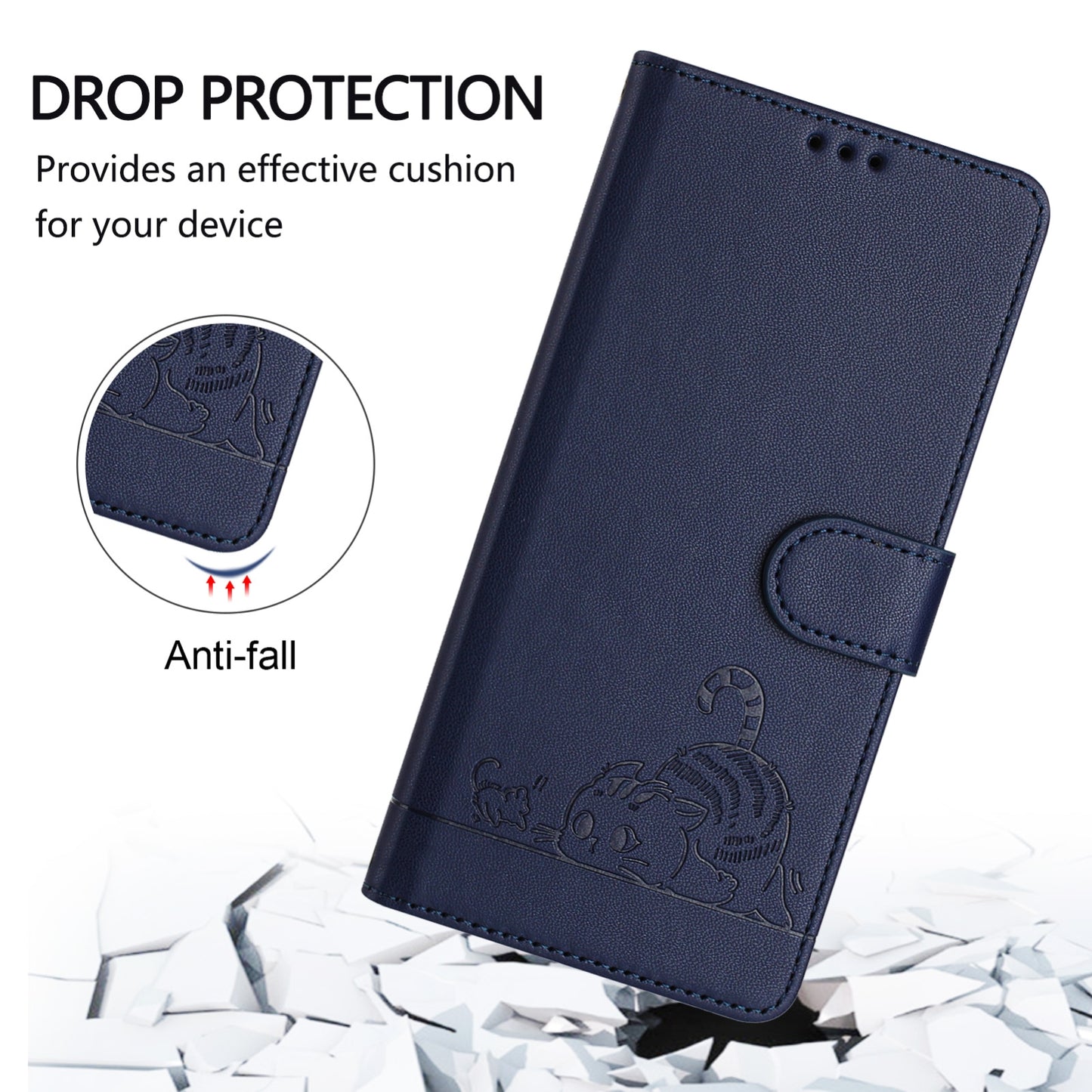 vivo Y36 4G Global Leather Phone Case with Cat and Rat Embossed Pattern, RFID Protection, Card Holder Slots, Anti-fall Feature & Lanyard