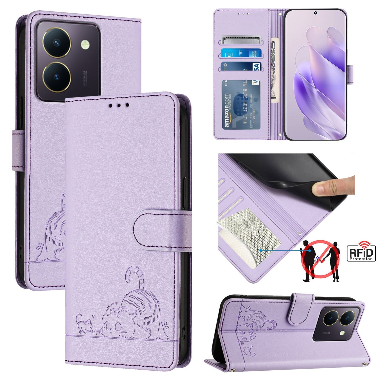 vivo Y36 4G Global Leather Phone Case with Cat and Rat Embossed Pattern, RFID Protection, Card Holder Slots, Anti-fall Feature & Lanyard